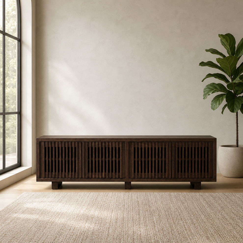 Nara 80" TV Console, Dark Walnut centered in a warm neutral furnished room