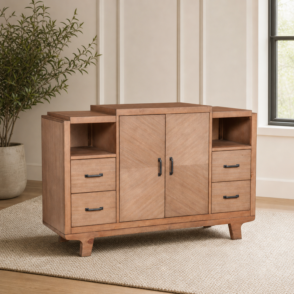 Olejo Sideboard, Natural centered in a warm neutral furnished room