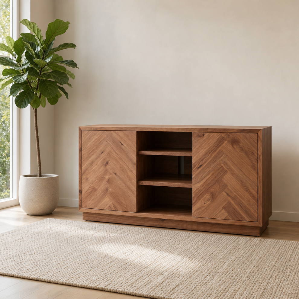 Russo 60" Sideboard, Walnut centered in a warm neutral furnished room