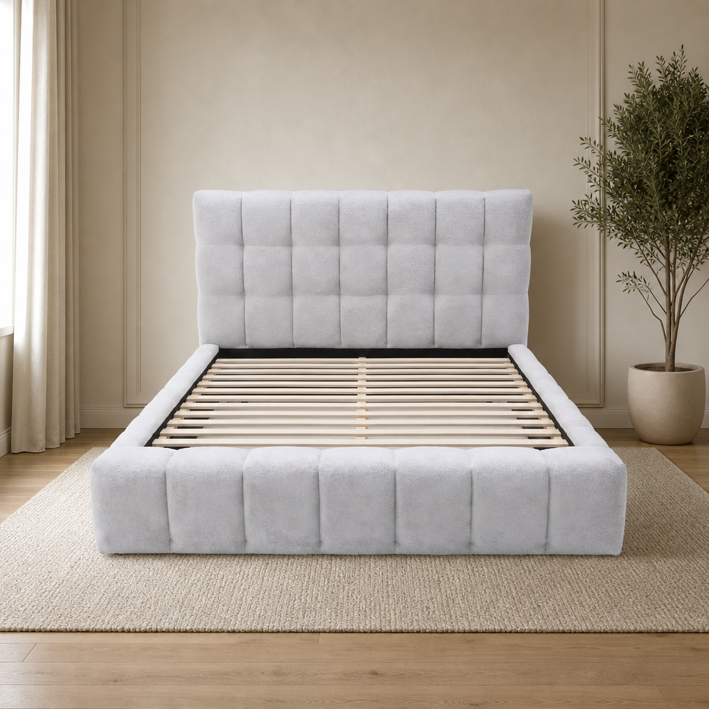 Nora Platform Bed centered in a warm neutral furnished room