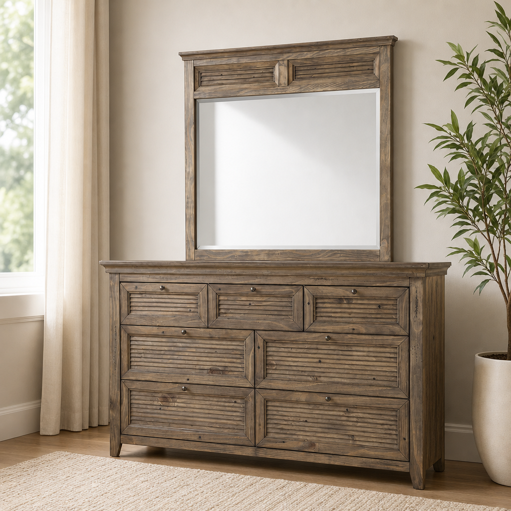Remington Dresser Mirror, Brown centered in a warm neutral furnished room