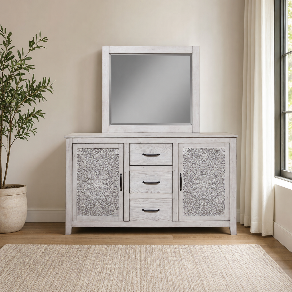 Aria Dresser Mirror, Gray centered in a warm neutral furnished room