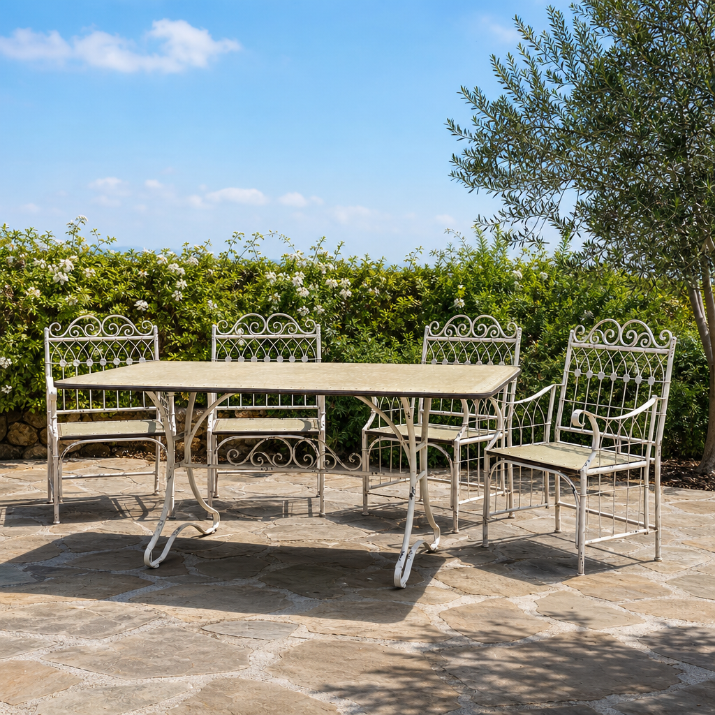 Rectangular Galvanized Outdoor Dining Set with Frame "Charleston 1940" centered in a warm neutral furnished room