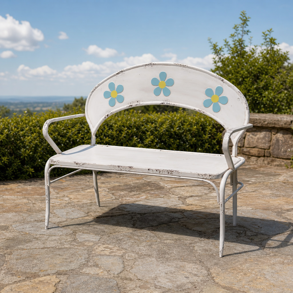 Iron Garden Bench with Flower Accents "Charleston 1940" centered in a warm neutral furnished room