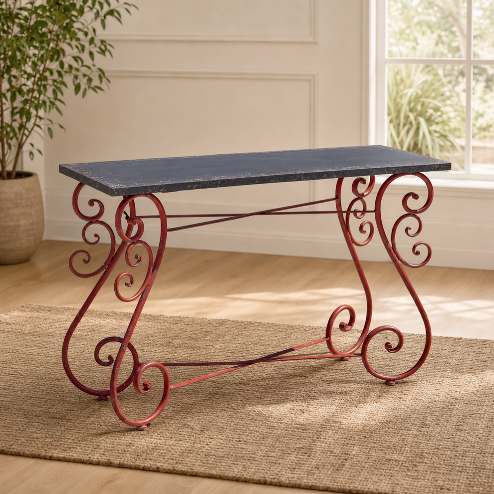 48" x 23.6" Rectangular Iron Table with Top & Frame "Charleston 1940" centered in a warm neutral furnished room