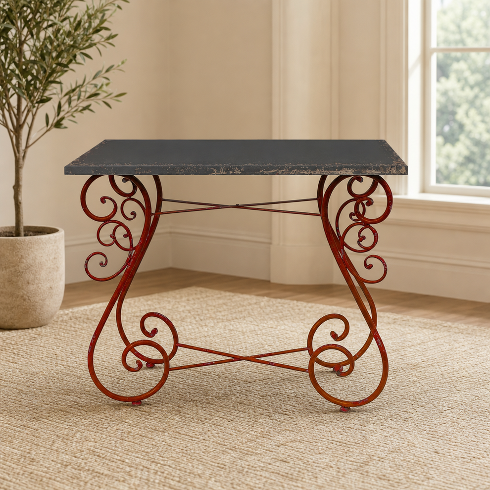 36" x 18.3" Rectangular Iron Table with Top & Frame "Charleston 1940" centered in a warm neutral furnished room