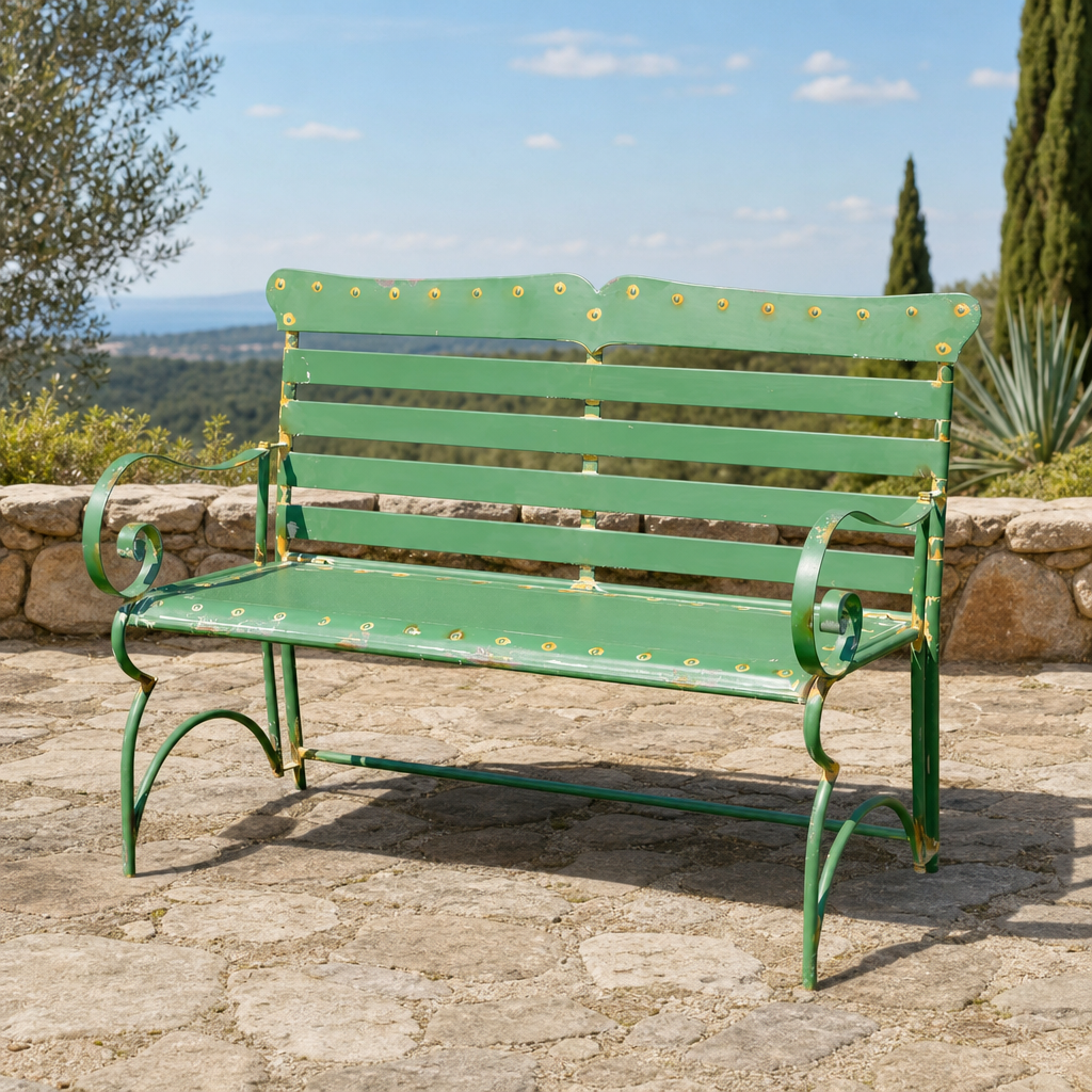 Outdoor Iron Garden Bench in Antique Green "Charleston 1940" centered in a warm neutral furnished room