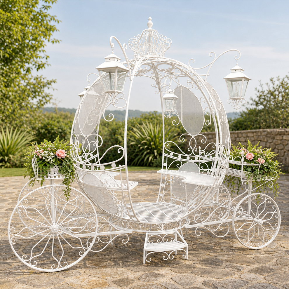 Iron Cinderella Carriage Garden Seating with Planters and Lanterns centered in a warm neutral furnished room