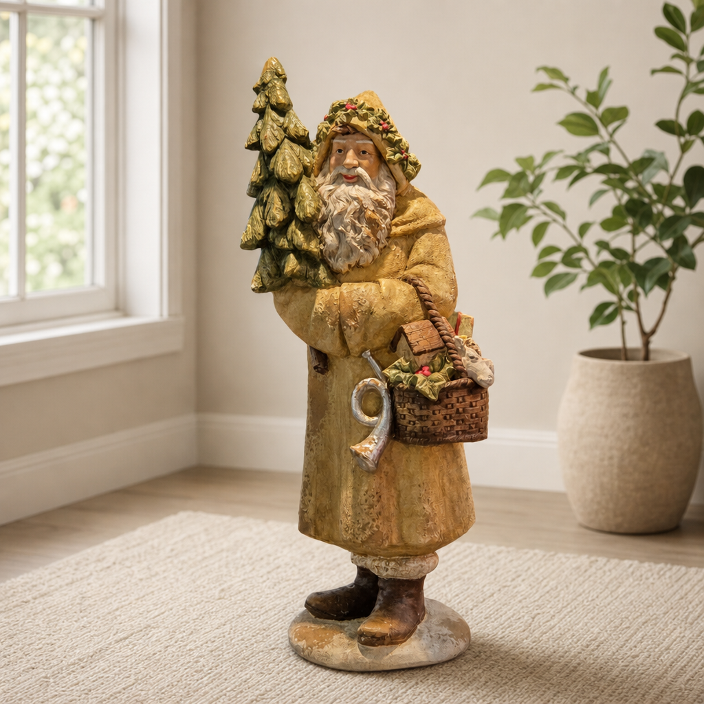 37-Inch Vintage-Style Santa Claus Figurine with Christmas Tree and Basket centered in a warm neutral furnished room