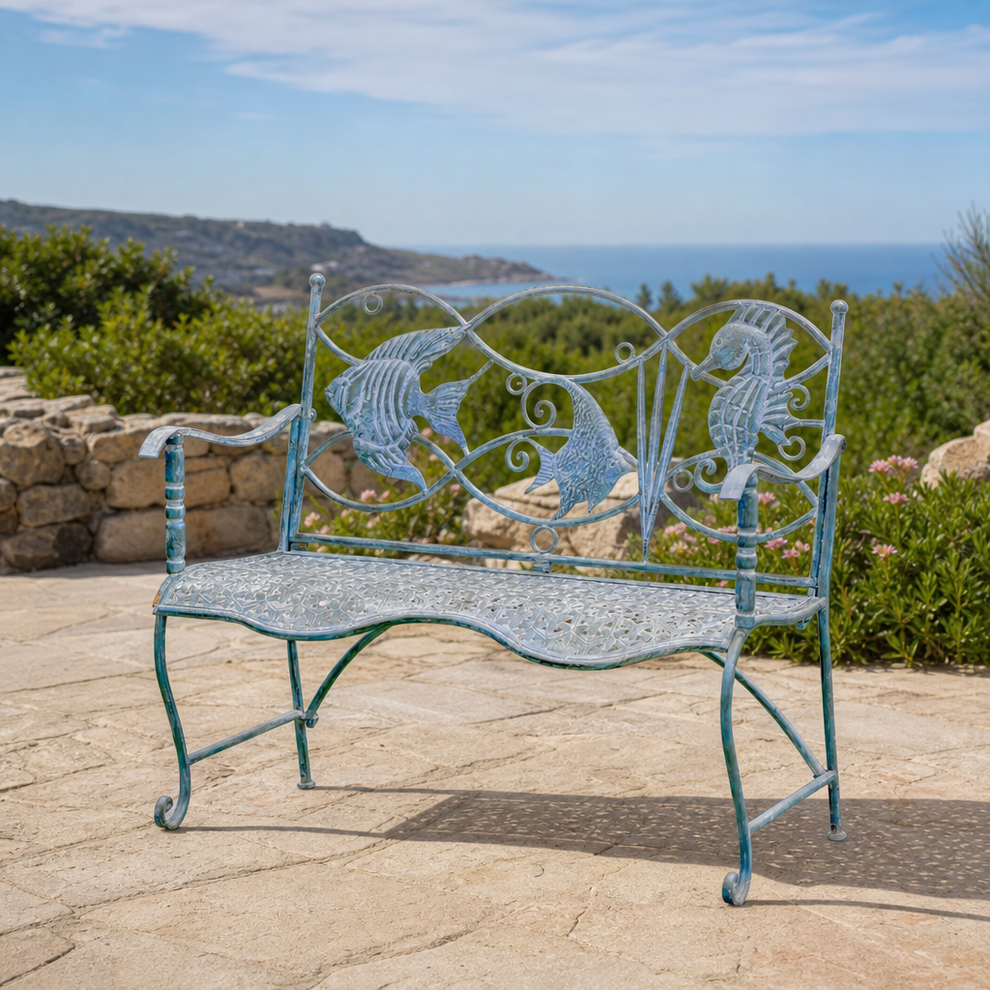 Iron Garden Bench with Coastal Blue Finish and Marine Backrest centered in a warm neutral furnished room