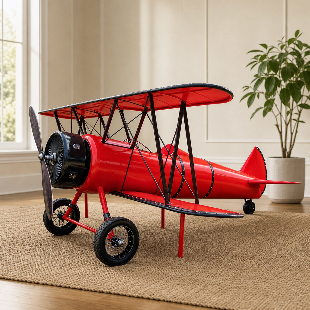 Metal Biplane Decoration with Seating and LED Lighting centered in a warm neutral furnished room