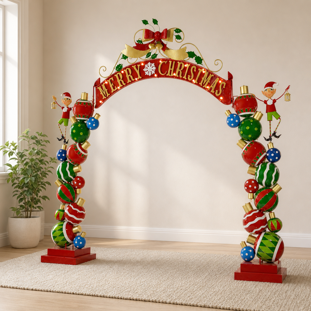Christmas Archway with Elf Figures and LED Lights centered in a warm neutral furnished room