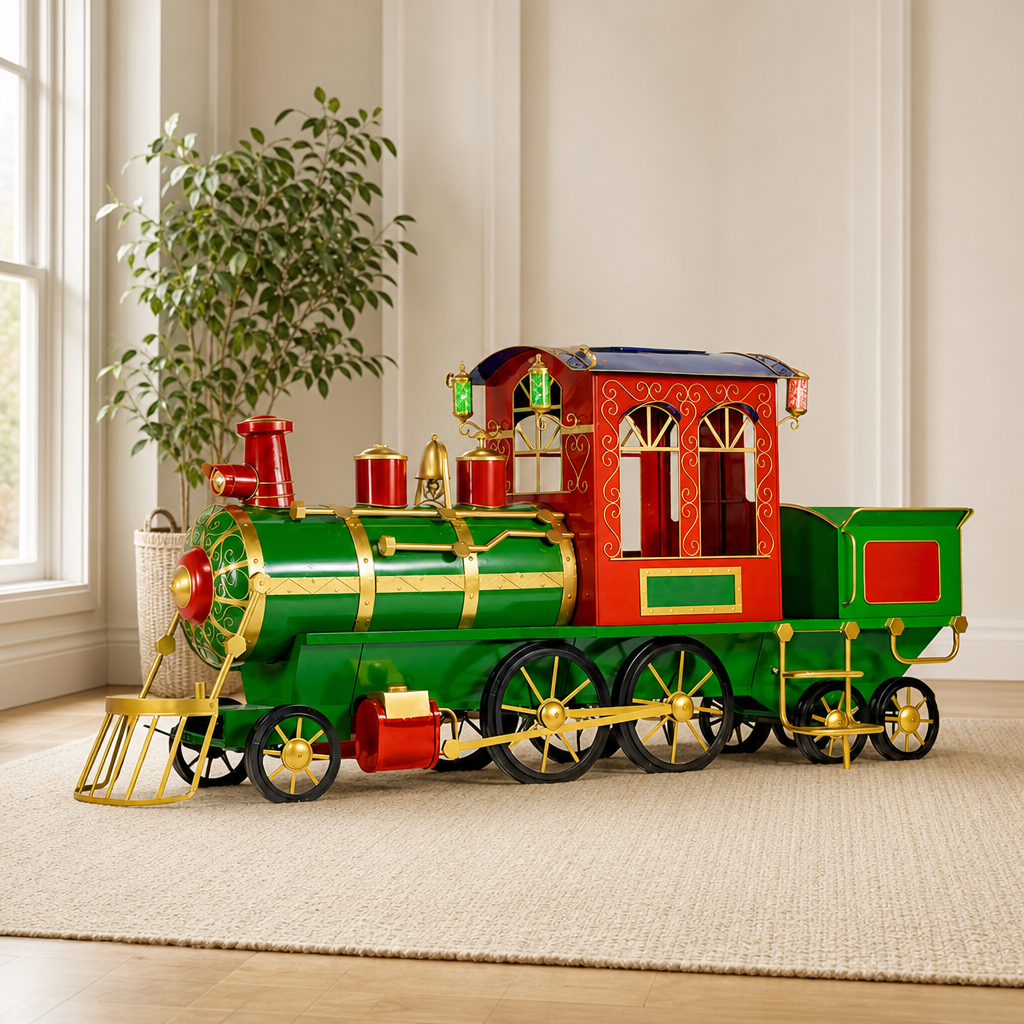 Large Iron Christmas Train Display with Cart and Lanterns centered in a warm neutral furnished room