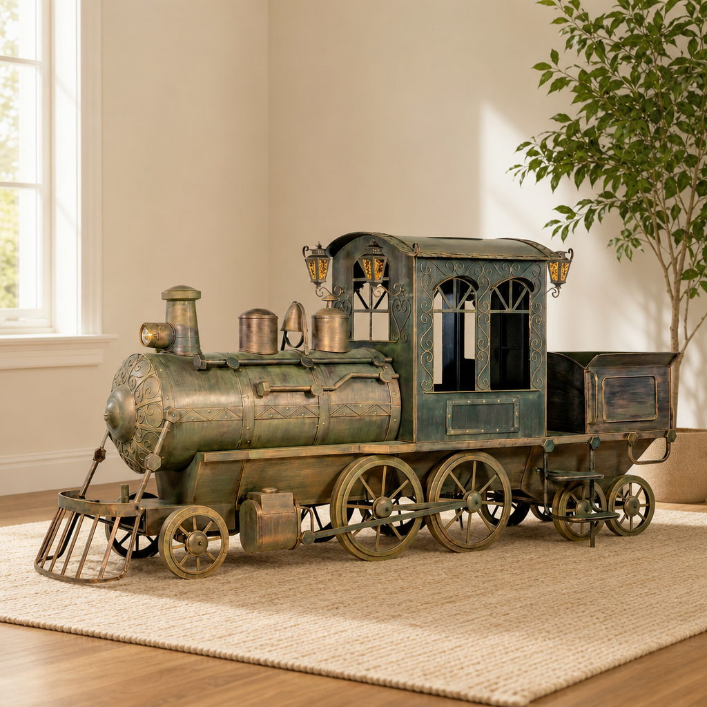 The Flying Santa Iron Train Holiday Display with Cart, Lanterns and LED Lights centered in a warm neutral furnished room