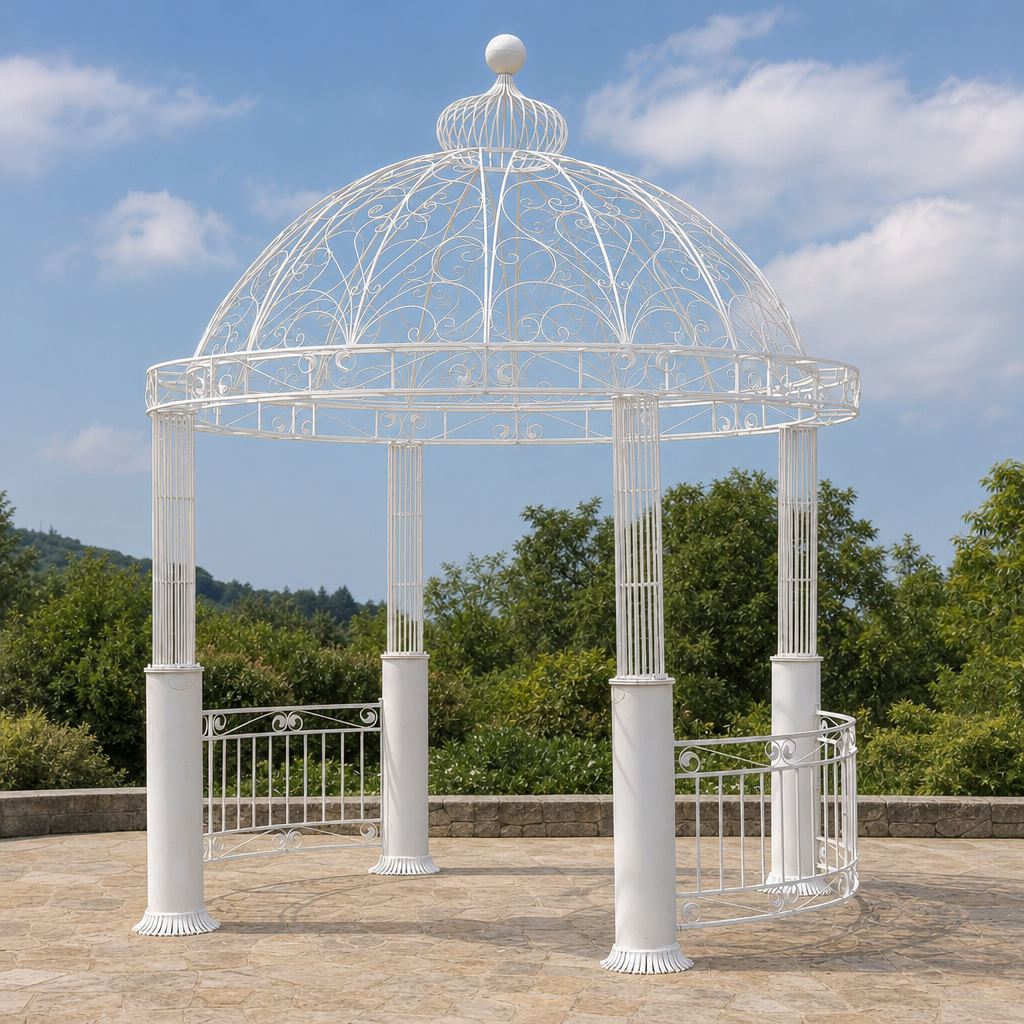 Medellín 1972 Ornate Round Iron Garden Gazebo centered in a warm neutral furnished room