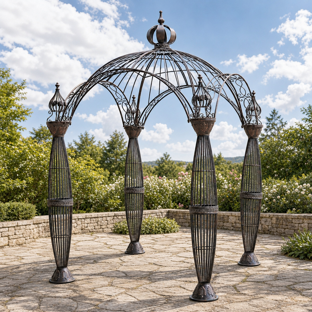 Aurelius Round Iron Garden Gazebo centered in a warm neutral furnished room