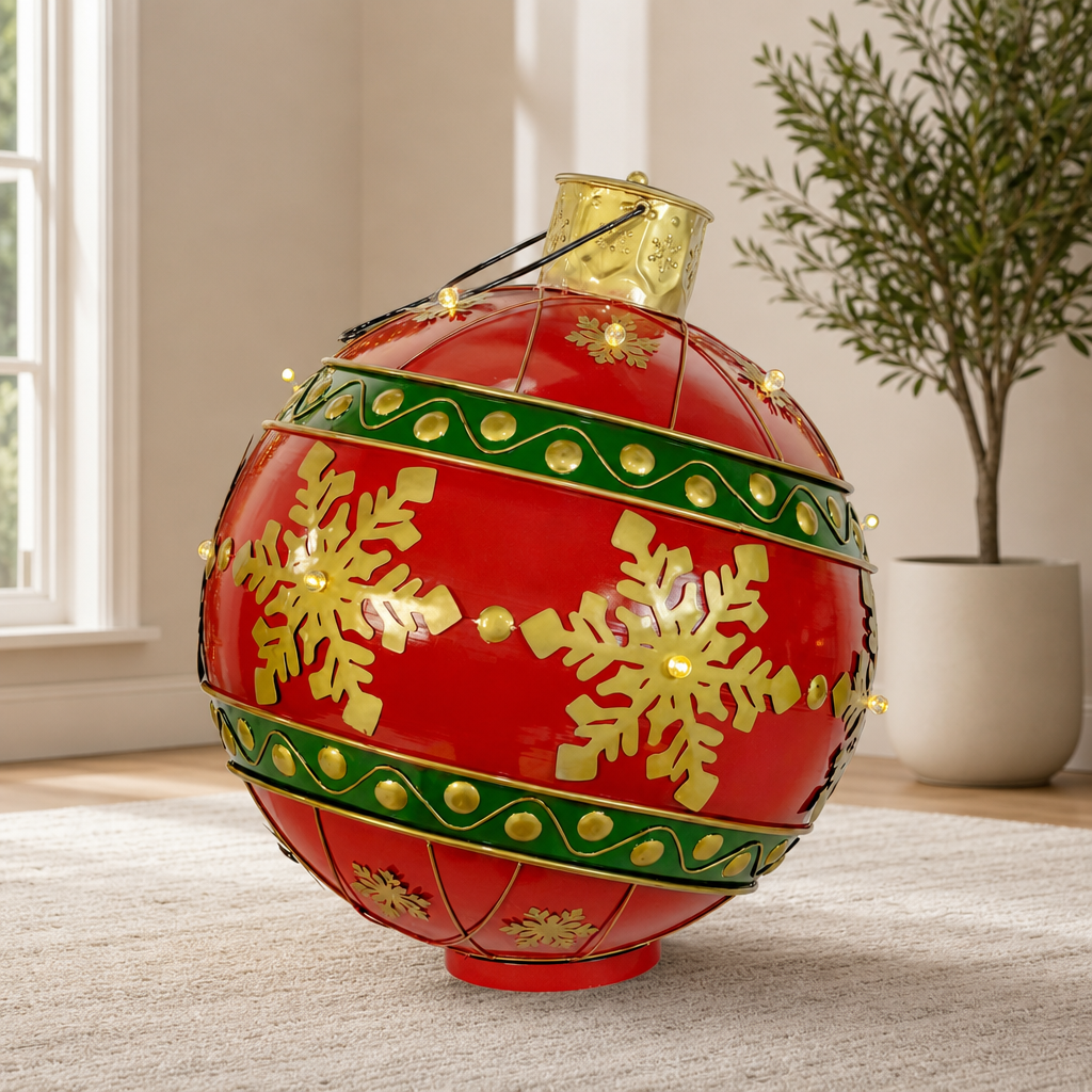 Metal Christmas Ball Decoration with White LED Lights centered in a warm neutral furnished room