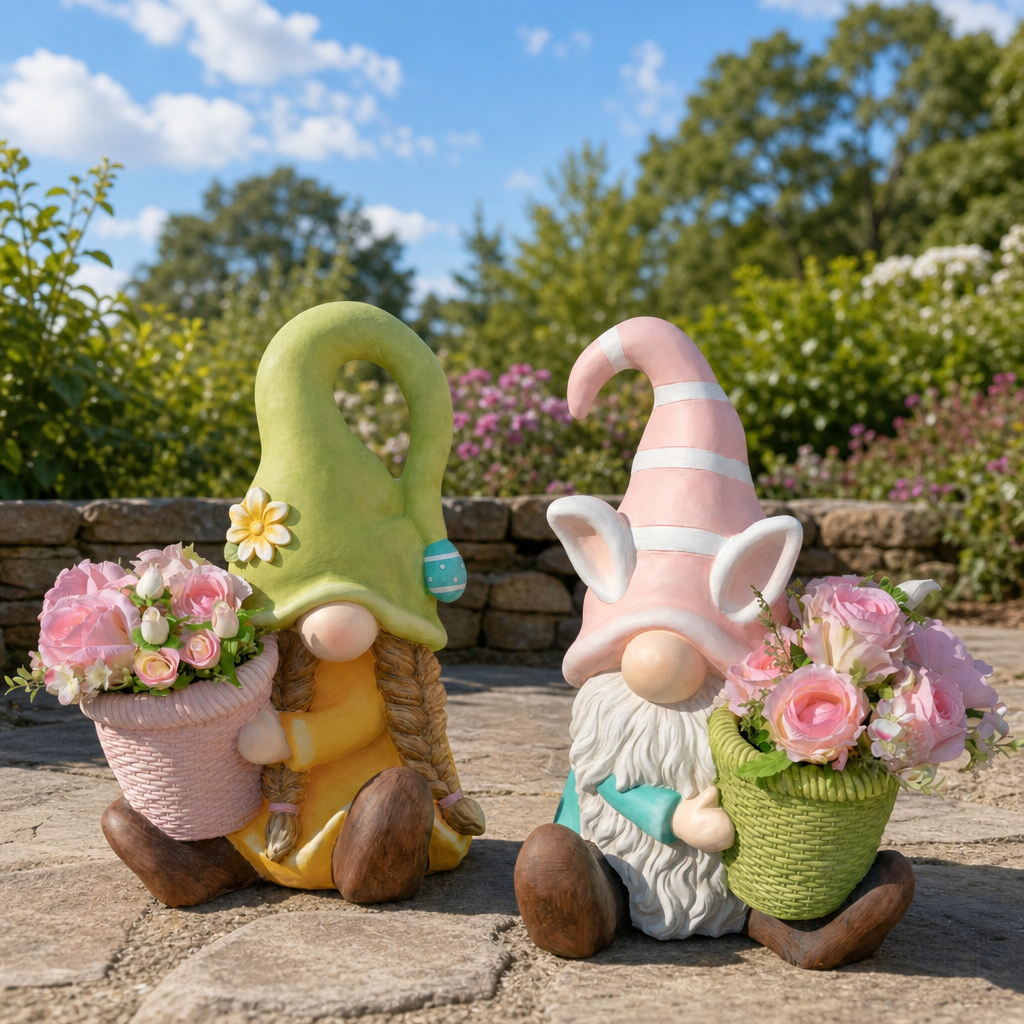 Set of 2 Assorted Spring Garden Gnomes with Planters centered in a warm neutral furnished room