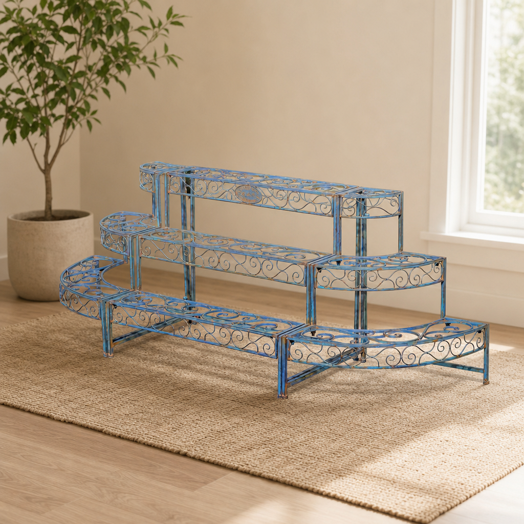 Three Tier Metal Riser Plant Stand Display "Stephania" centered in a warm neutral furnished room