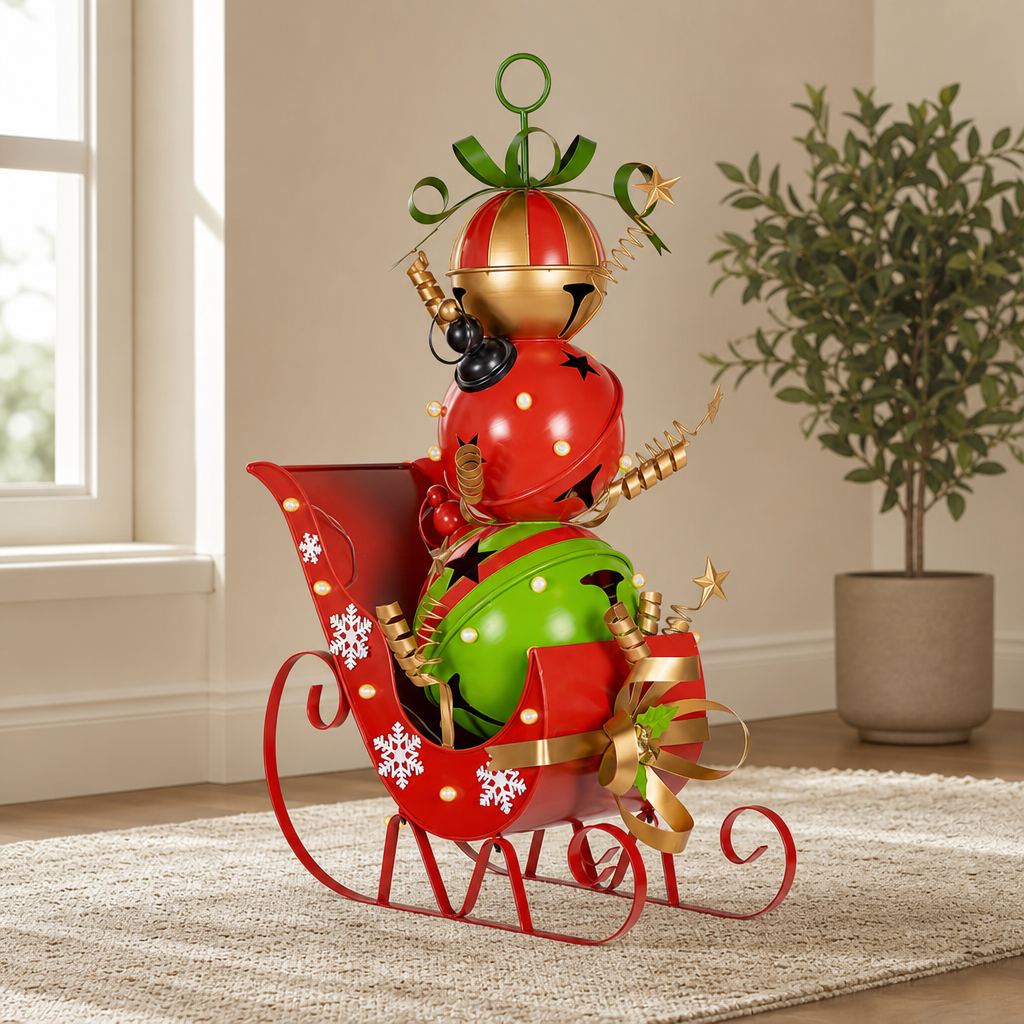 44" Tall Iron Christmas Sleigh with Giant Jingle Bells - Medium centered in a warm neutral furnished room