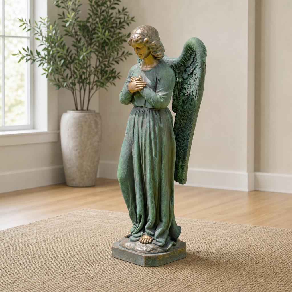 47" Tall Standing Magnesium Angel Holding Heart in Antique Bronze "Evangeline" centered in a warm neutral furnished room