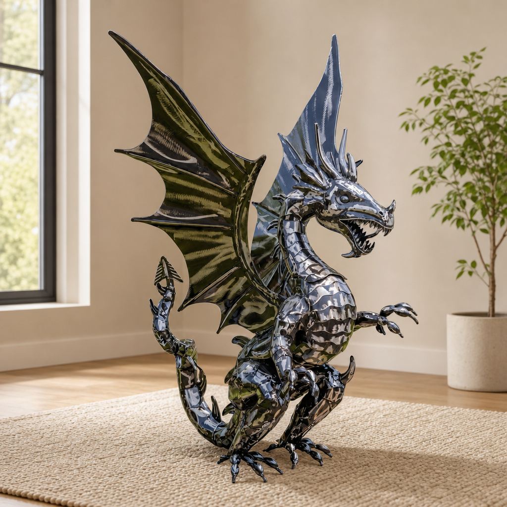 44" Tall Ferocious Metal Dragon Statue Standing Upright "Tarragon" centered in a warm neutral furnished room