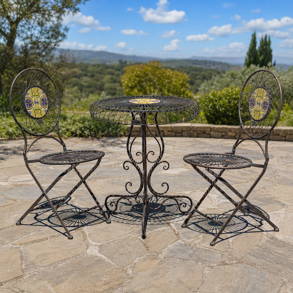 Atlantis Collection Three Piece Mosaic Wire-Frame Bistro Set "Plato" centered in a warm neutral furnished room