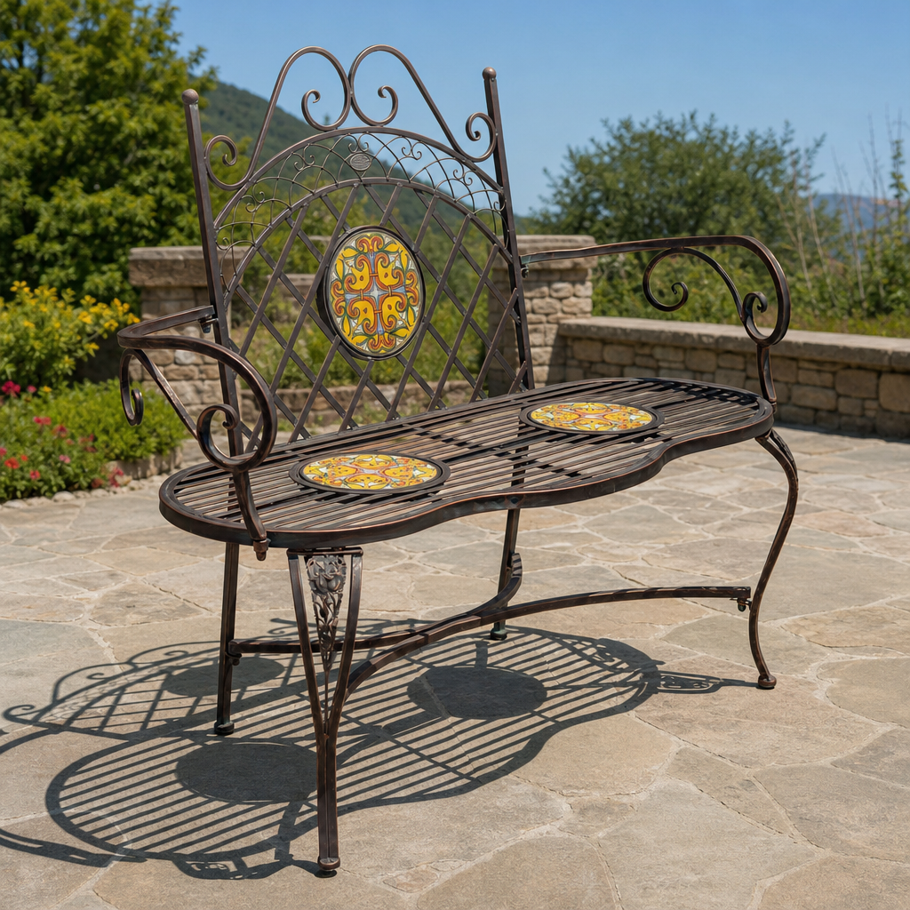 47.25" San Marino Metal Mosaic Garden Bench "Dolomites" centered in a warm neutral furnished room