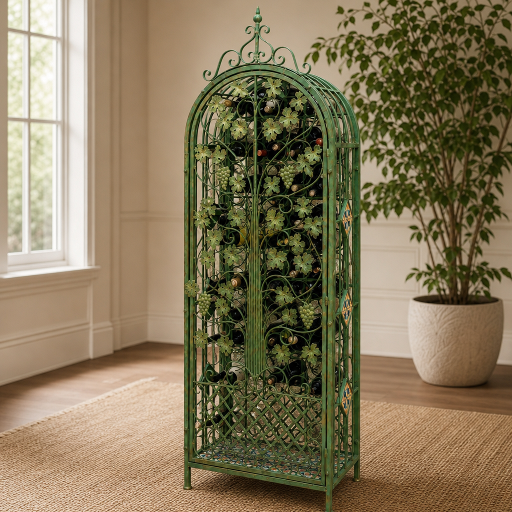 71" Tall Catalonia 97-Bottle Iron Wine Rack Cabinet in Green-Brown "Antigone & Tre centered in a warm neutral furnished room