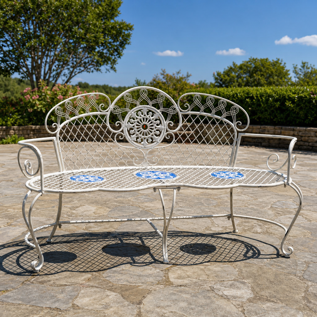 63" Long Montpellier Embellished Mosaic Garden Bench "Écusson" centered in a warm neutral furnished room