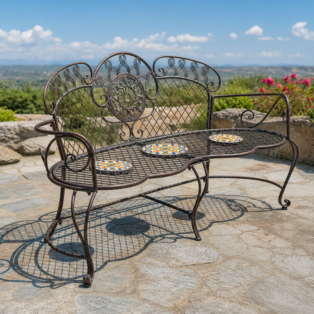 63" Long Montpellier Embellished Mosaic Garden Bench "Antigone" centered in a warm neutral furnished room