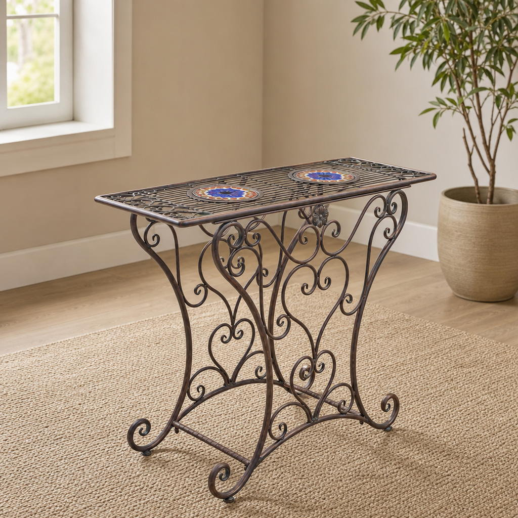 43"x15.75" Santorini Iron Table with Mosaic Tiles in Antique Bronze "Basilica" centered in a warm neutral furnished room
