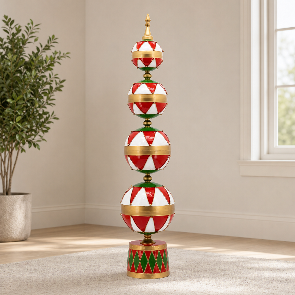 64.8" Tall Christmas Ornament Display Tower in Red, White, & Gold centered in a warm neutral furnished room