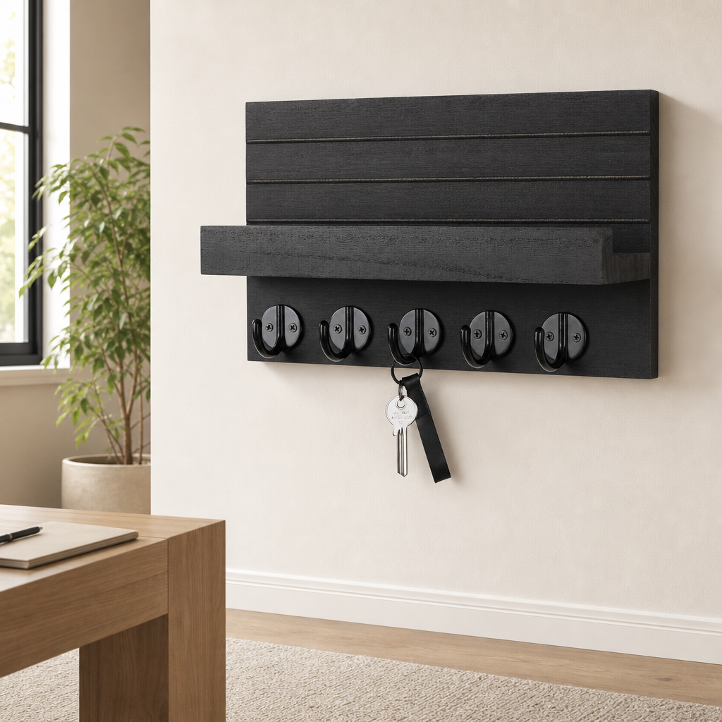 Black paulownia wood wall shelf with five hooks mounted on a beige wall, angled view with keys hanging