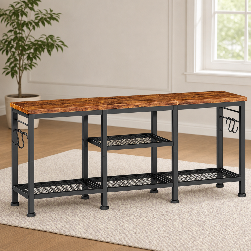 Open TV console with rustic brown wood‑grain top and black metal frame, angled front-left view showing mesh shelves and side‑