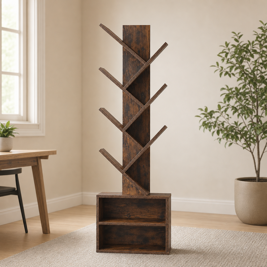 Brown tree-style 6-tier MDF bookshelf with two lower cabinets angled front view in a bright living room