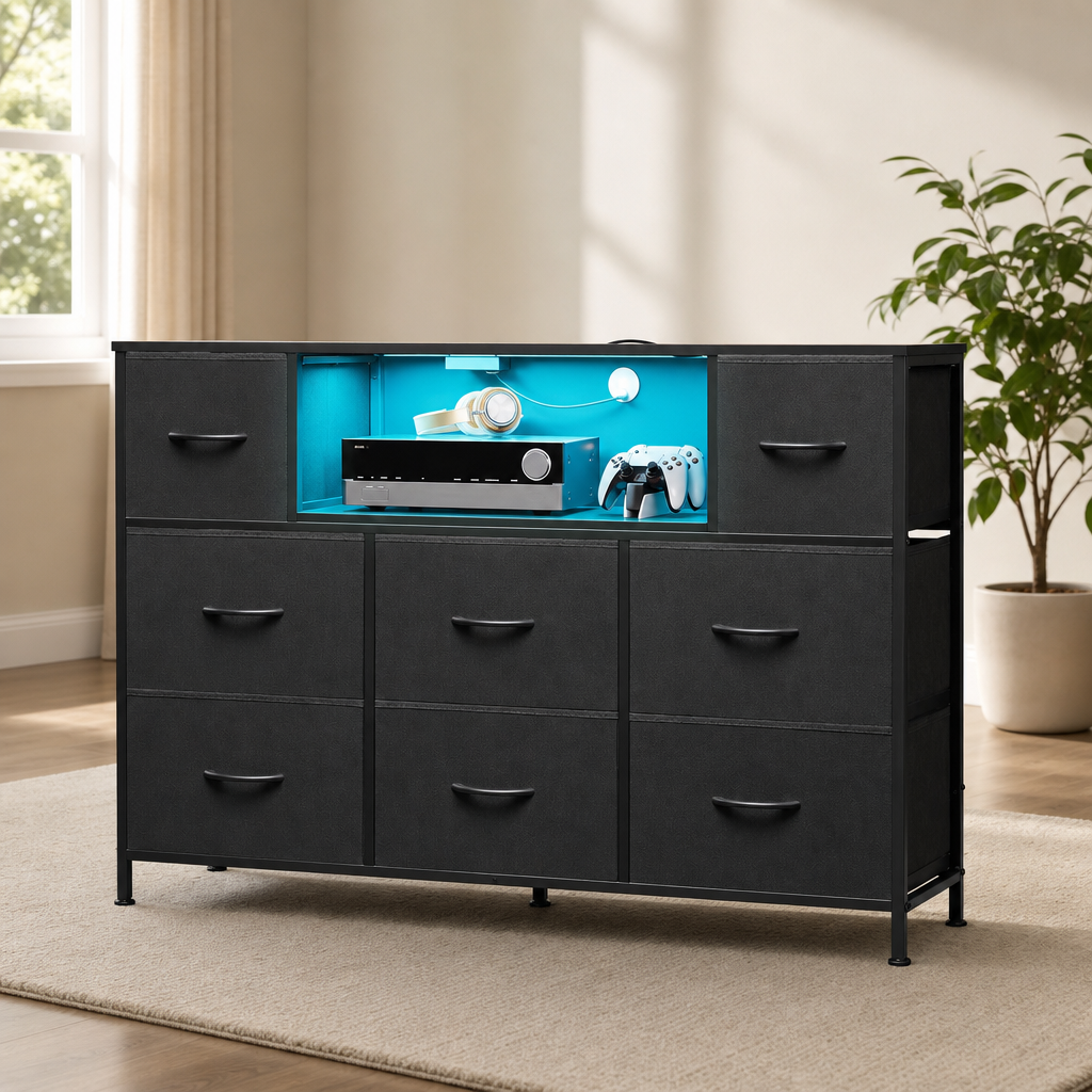 Black 8-drawer dresser front view with teal LED-lit open shelf in a bright living room
