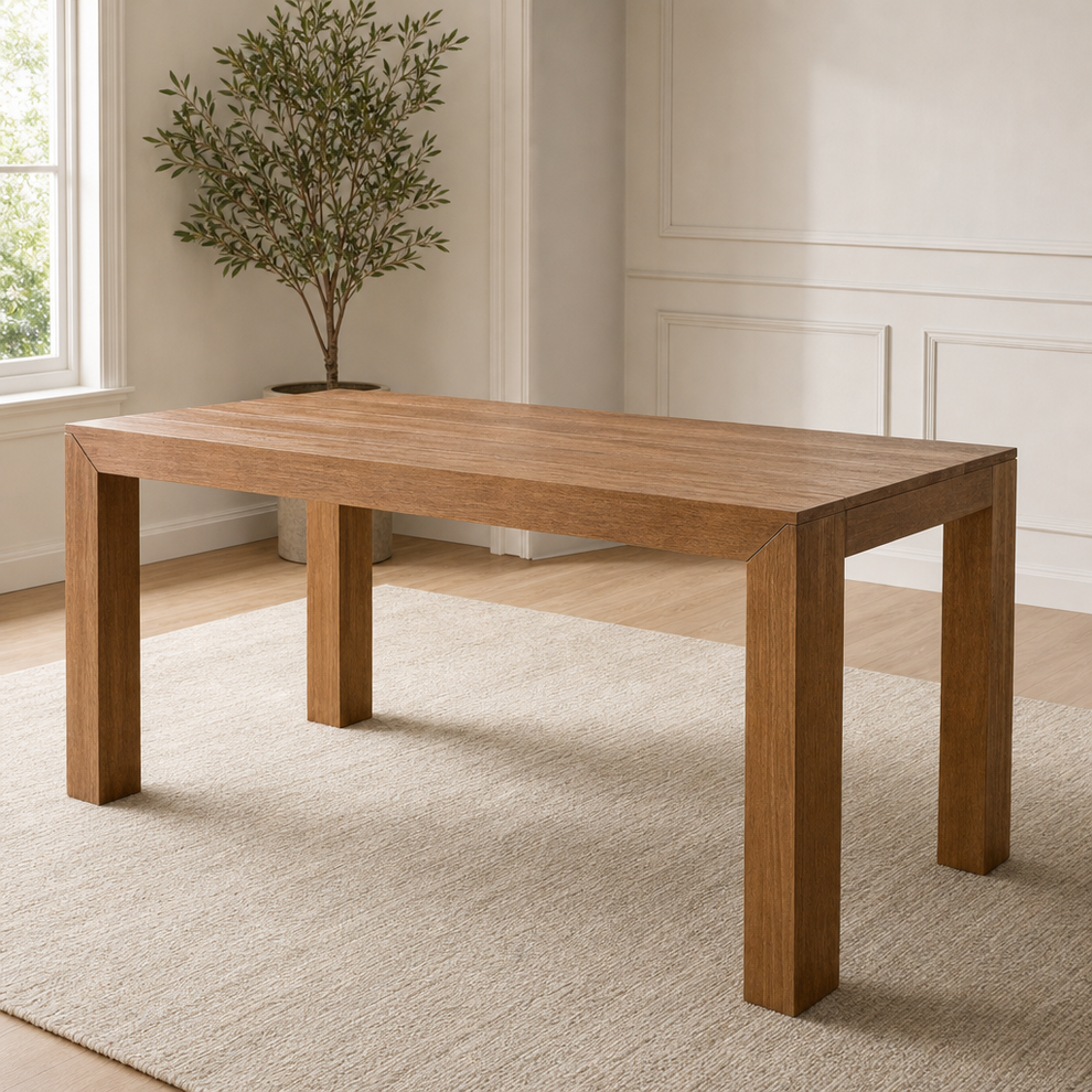 Solid pine rectangular dining table in pecan wirebrush finish angled front-left on a light rug in a bright room