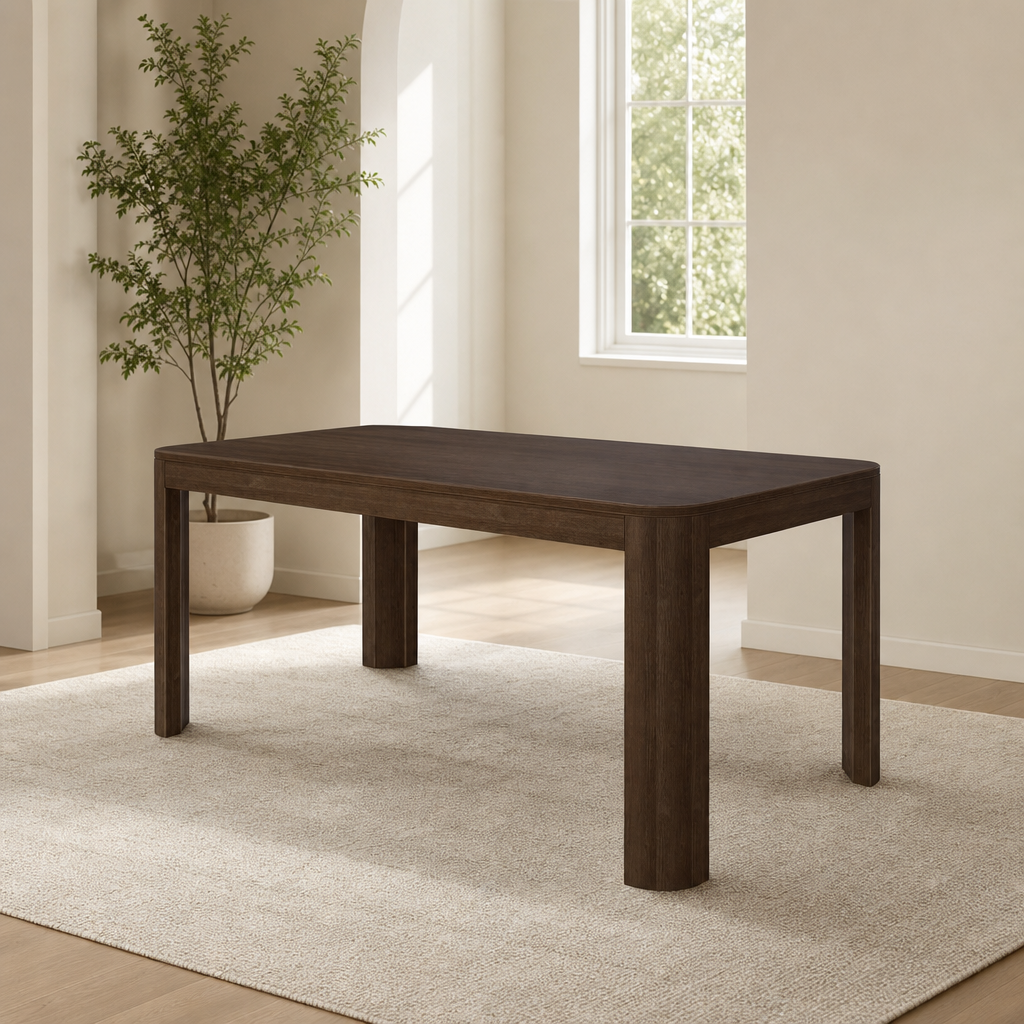 Walnut finish solid wood rectangular dining table, angled front-left view in a sunlit room