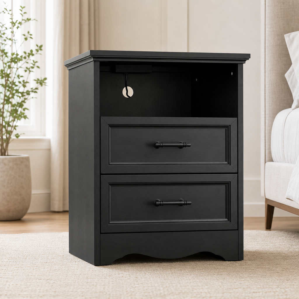 Black engineered-wood nightstand front view with open shelf and two drawers in a staged bedroom