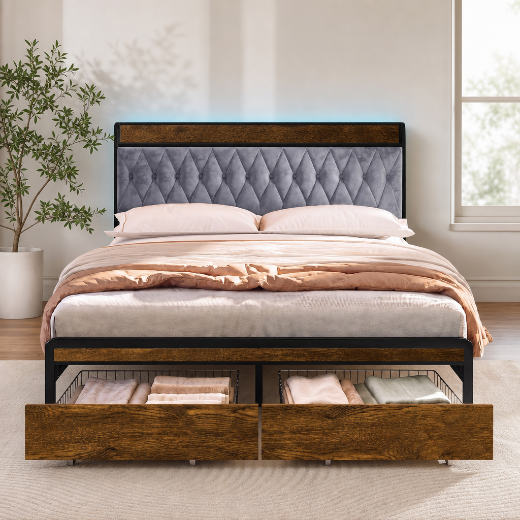 Grey tufted velvet platform bed front view with wood accents, blue LED headboard lighting and both storage drawers open