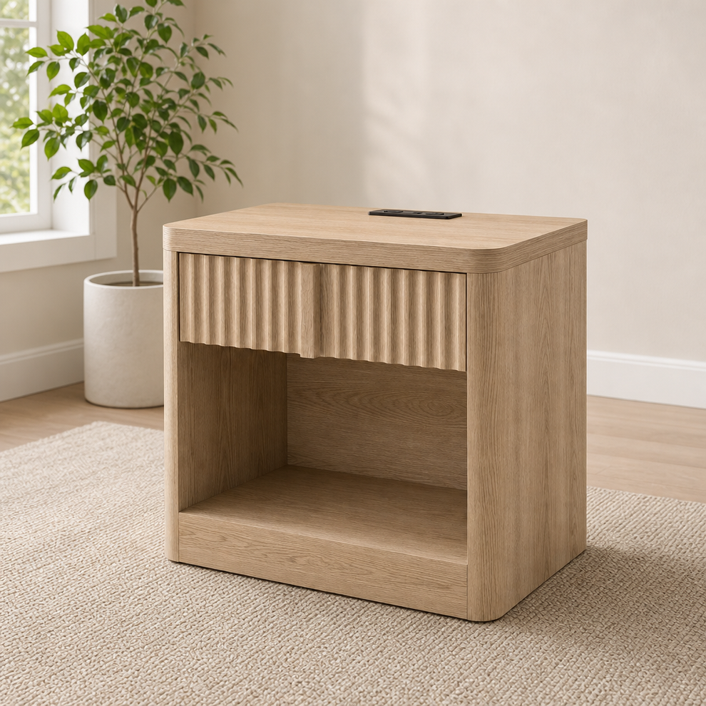 Natural oak fluted bedside nightstand angled front view showing open shelf and top charging station.