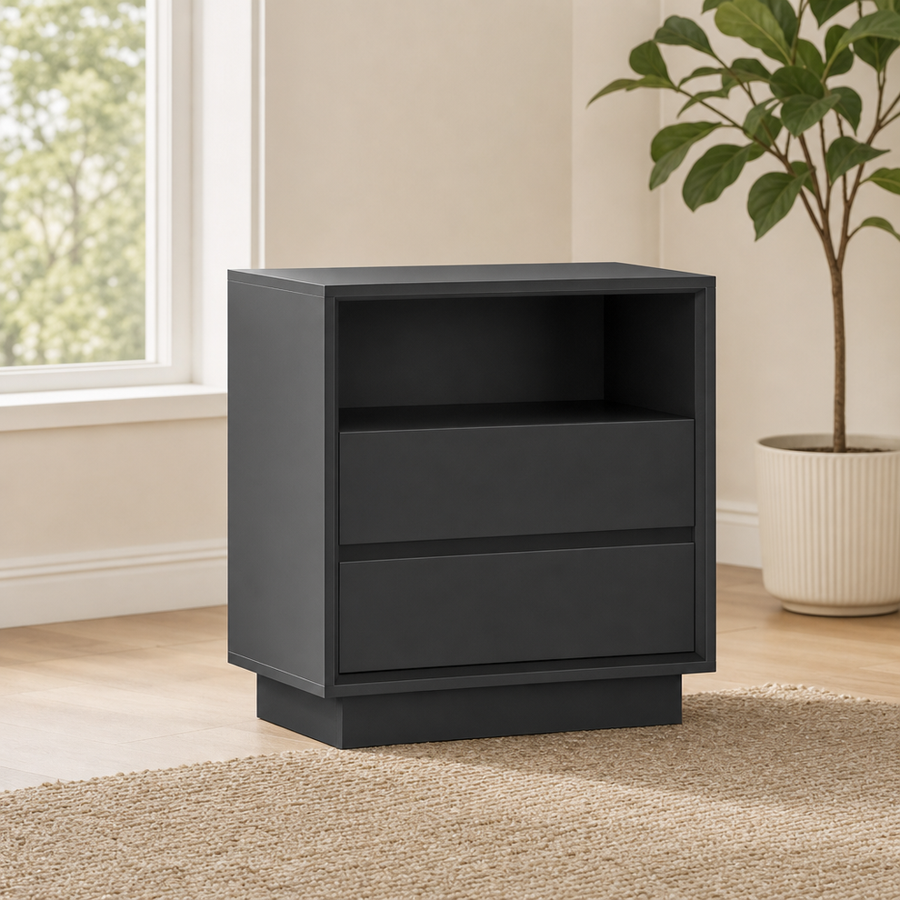 Black nightstand with open shelf and two drawers, angled front view on a rug near a window