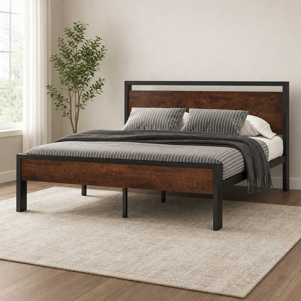 Mahogany finish platform bed with metal frame angled front-left view in a bright bedroom