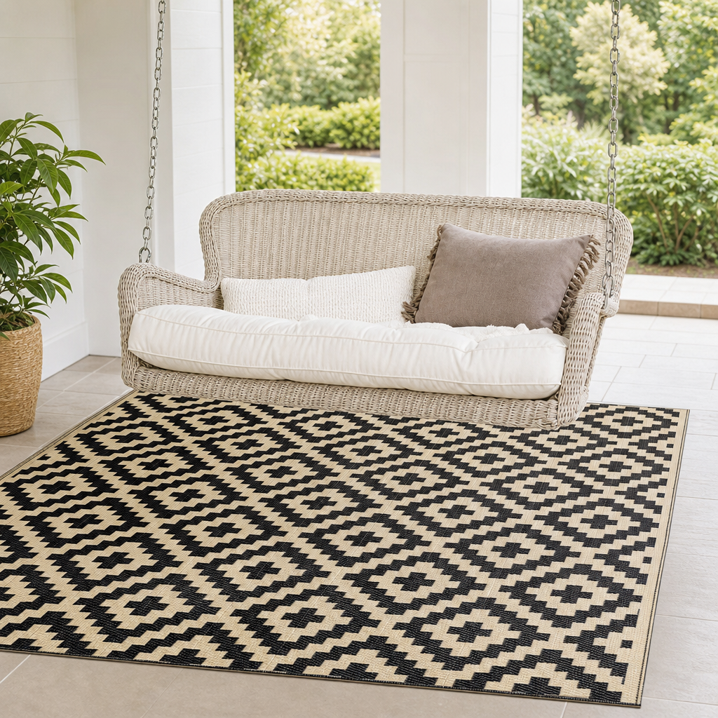 Black and beige geometric flatwoven outdoor rug under a wicker porch swing, angled view