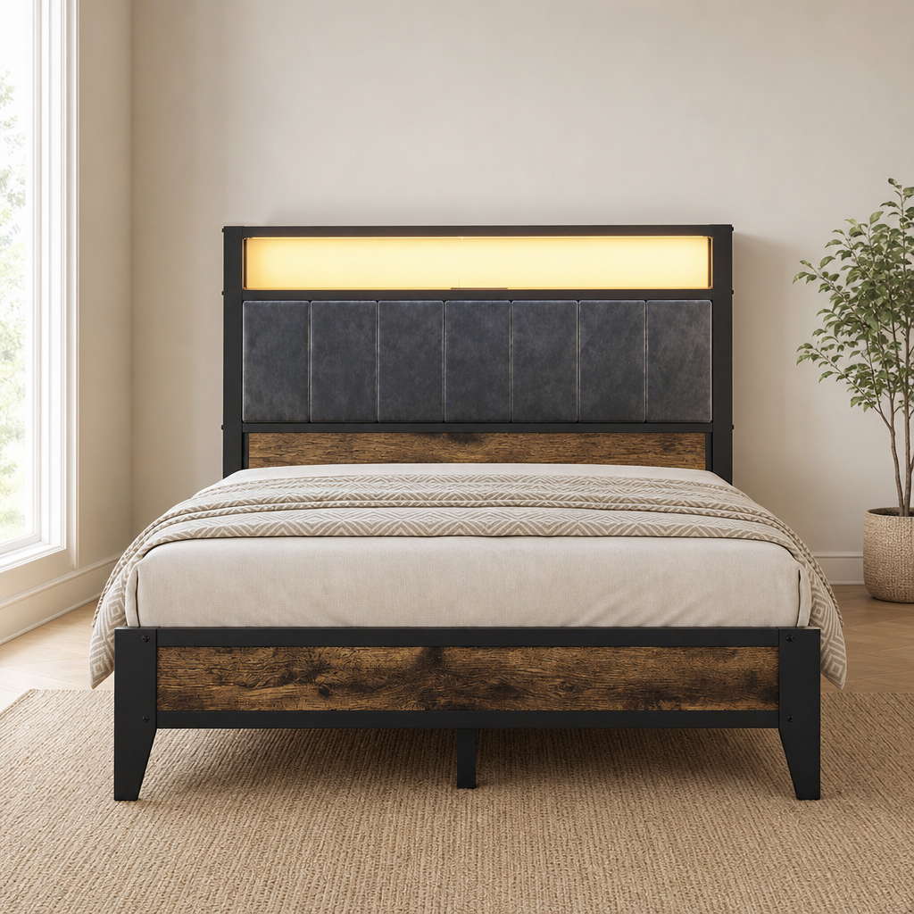 Front view of a platform bed with a gray upholstered headboard, warm LED strip and wood-tone footboard