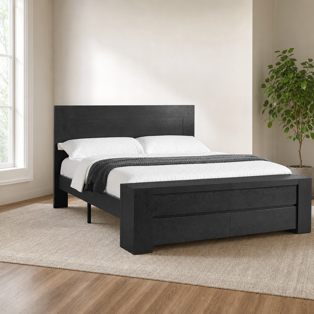 Black wood-grain platform bed with integrated 80-inch footboard bench, angled front-left view in a staged bedroom