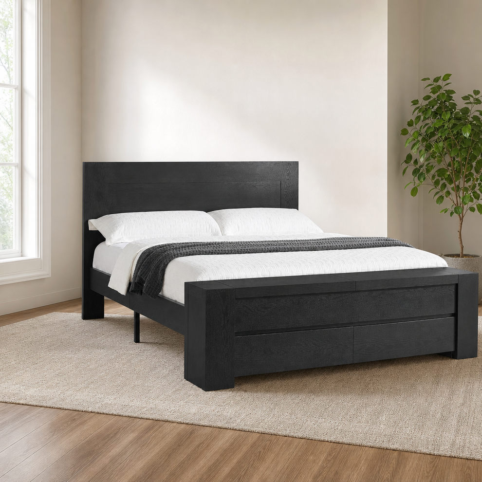 Black wood-grain platform bed with integrated 80-inch footboard bench, angled front-left view in a staged bedroom