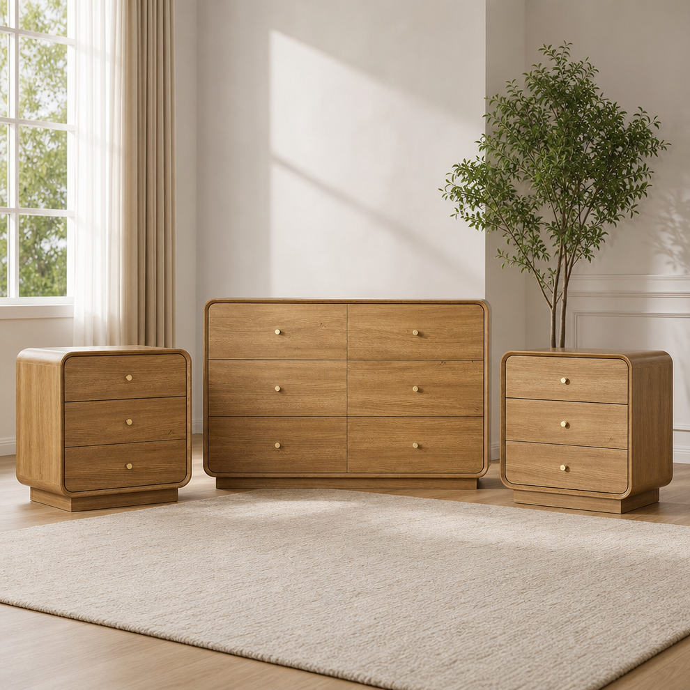 Oak finish 3-piece bedroom set with extra-wide 6-drawer dresser flanked by two 3-drawer nightstands