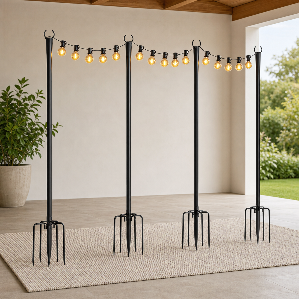 Four black metal string light poles with fork bases displayed on a patio.